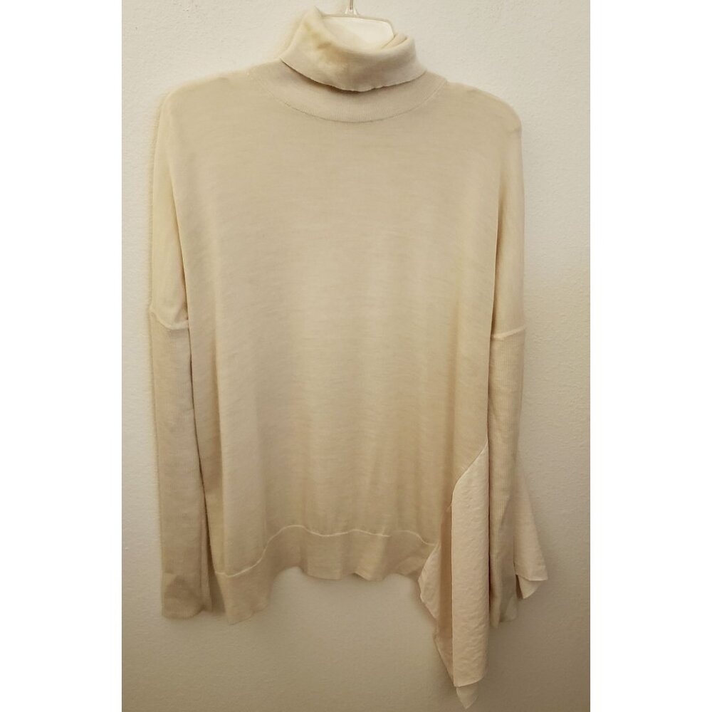 AllSaints Oversize Merino Wool Cream Turtleneck Sweater w Satin Drape Size M